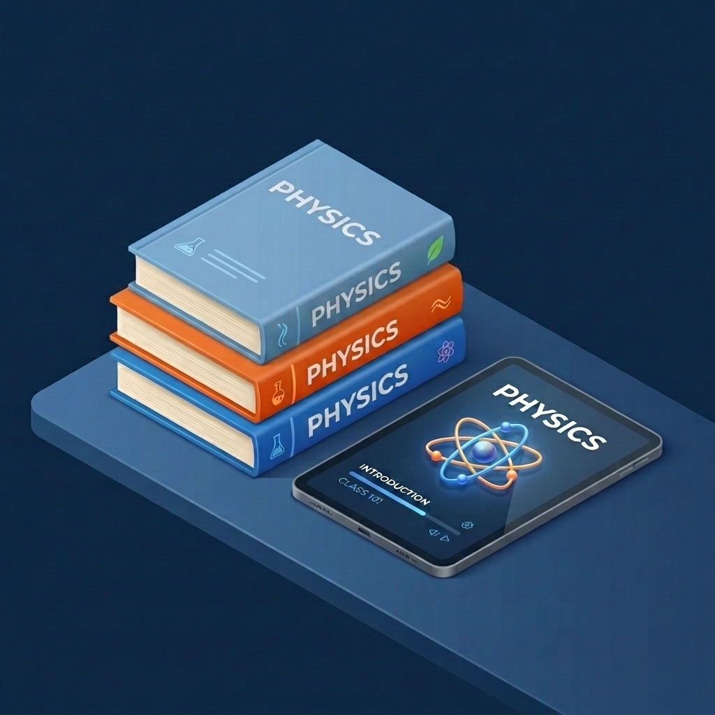 Physics Study Notes on Tablet and Books
